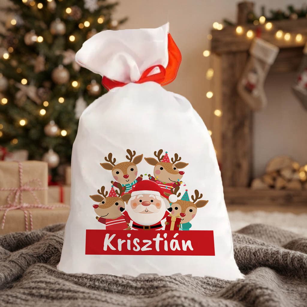 Egyedi Rénszarvasos és Mikulásos Mikulás Zsák