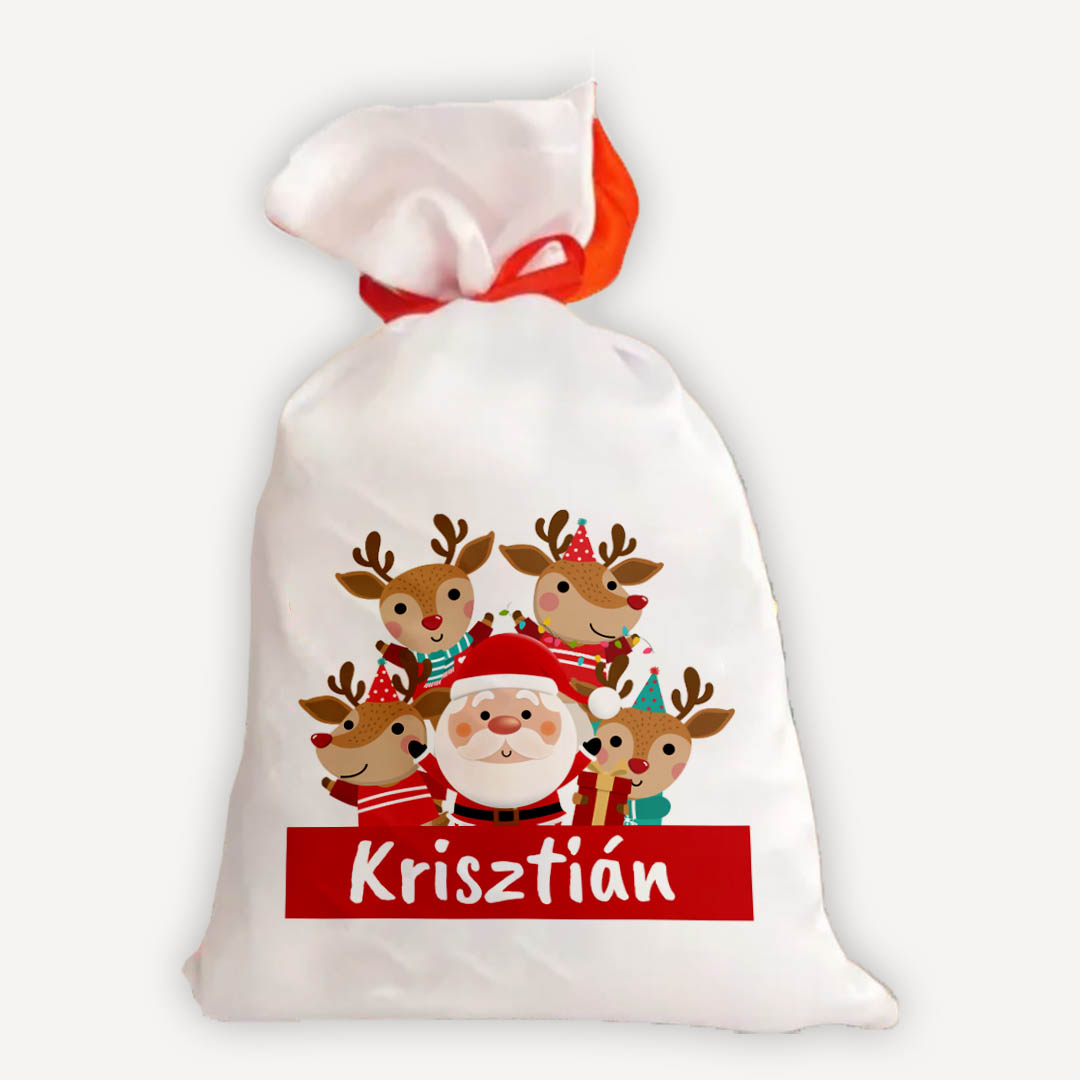 Névre szóló Mikulás zsák – Mikulással és rénszarvasokkal Névre szóló Mikulás zsák – Mikulással és rénszarvasokkal